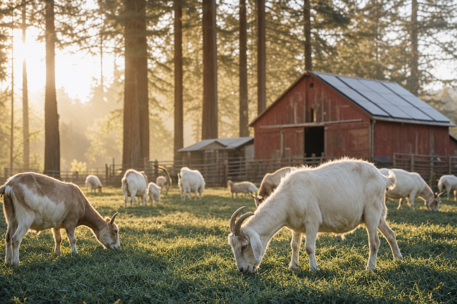 Sebastopol dairy goats grazing in front of a red barn with redwood trees at golden hour