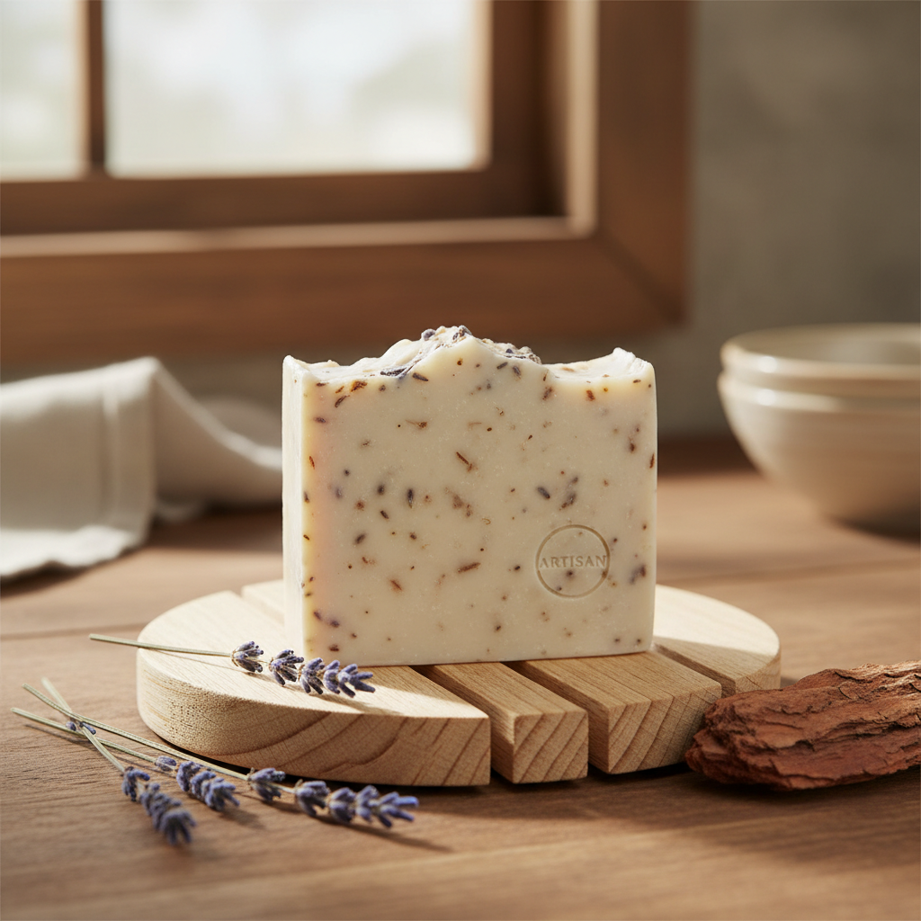 Handcrafted lavender and redwood goat milk soap bar on a wood draining dish with dried lavender sprigs