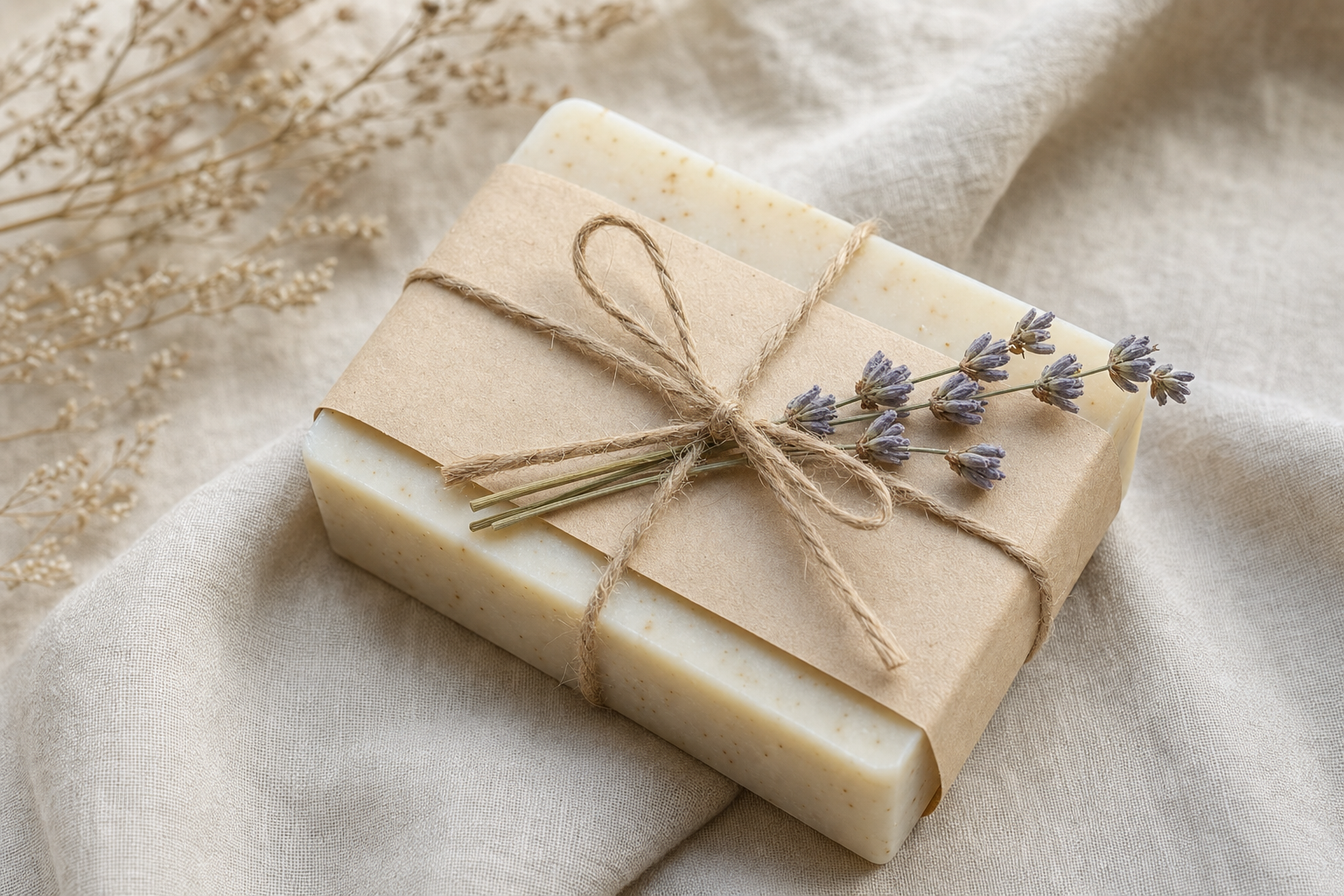 Goat milk soap bar wrapped in kraft paper with twine and a sprig of lavender on cream linen
