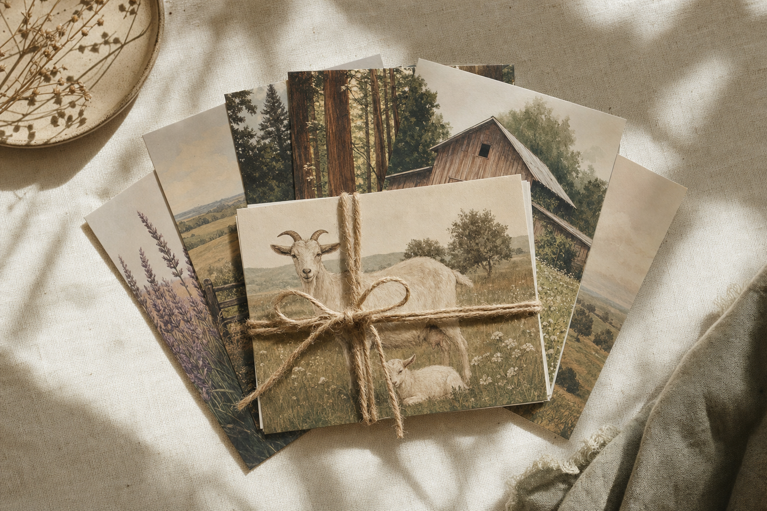 Stack of six botanical farm postcards tied with twine on cream linen
