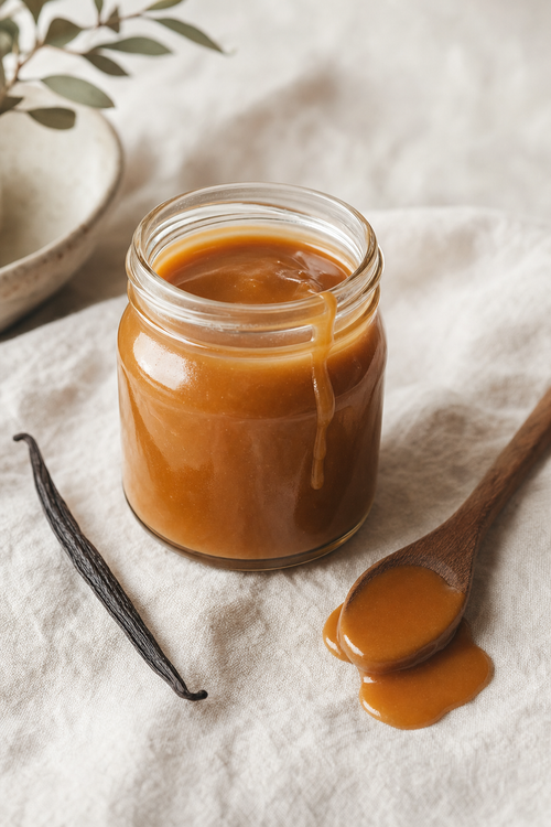 Glass jar of golden goat milk caramel cajeta with a wooden spoon on linen