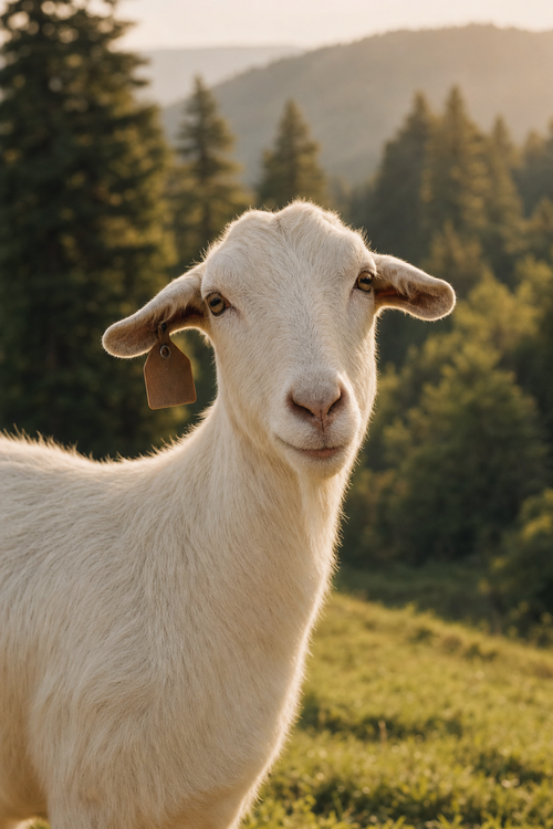 Portrait of a single curious white dairy goat with a brown ear tag in a redwood pasture
