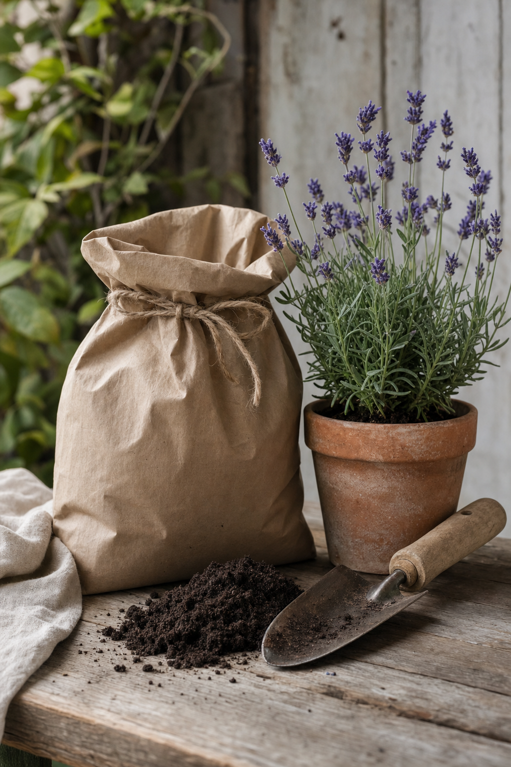 Kraft sack of dark composted soil beside a terracotta pot of lavender on a wooden table