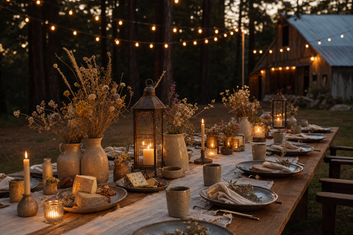 Long candlelit farm dinner table set with cheese and dried wildflowers under string lights